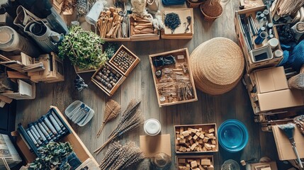 Poster - A stock photo showing artisan shops creatively repurposing discarded materials in the context of a circular economy, with space for sustainability messaging.