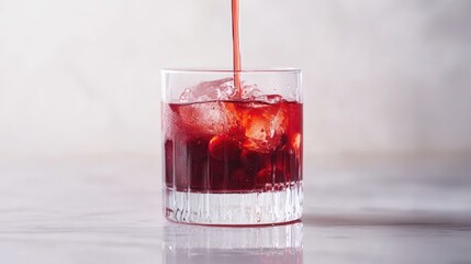 Poster - A stream of cranberry syrup in rich red hues pours into a clear glass, adding a burst of color against a soft white background.