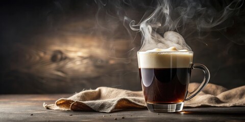 Wall Mural - Aromatic Steaming Coffee in a Clear Glass Mug on Rustic Wooden Surface with Linen Cloth