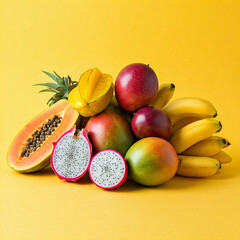 Wall Mural - various tasty fruits and vegetables in a yellow background. Variety of fresh tropical fruit on exotic yellow background.