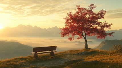 Poster - A tranquil hilltop at sunrise, featuring a wooden bench under a bright crimson tree, with misty mountains looming in the golden light of the morning.