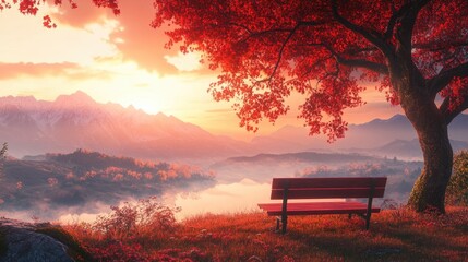 Poster - A tranquil hilltop at sunrise, featuring a wooden bench under a bright crimson tree, with misty mountains looming in the golden light of the morning.