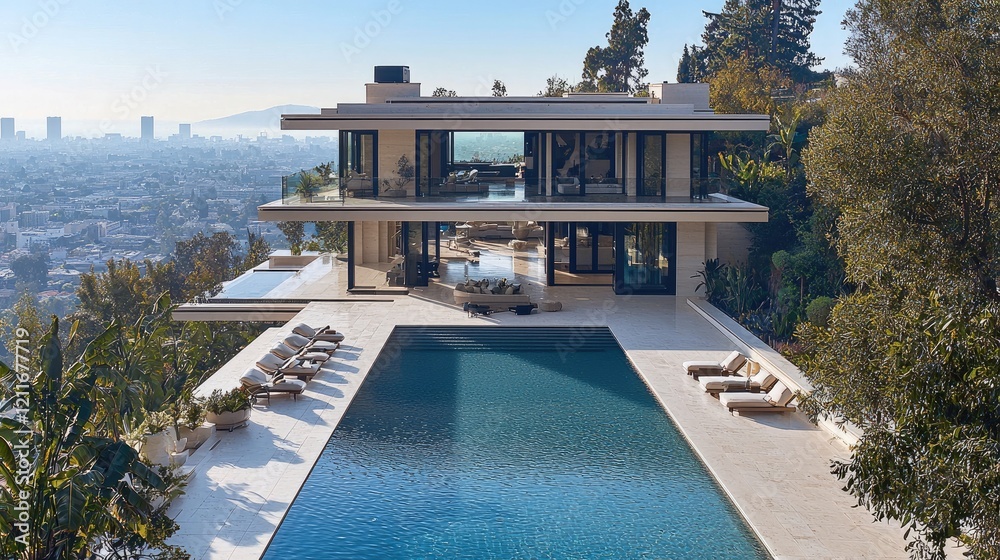 A luxurious modern mansion nestled in the hills, featuring large glass ...