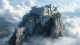 Majestic castle perched atop a cloud-shrouded mountain peak, with a rainbow in the distance.