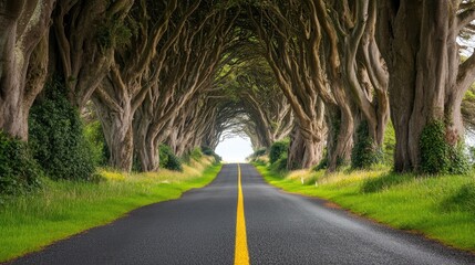 Poster - A tranquil road flanked by trees on both sides, with a bright yellow line down the middle, inviting a peaceful journey ahead.