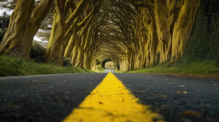 Poster - A tranquil road flanked by trees on both sides, with a bright yellow line down the middle, inviting a peaceful journey ahead.