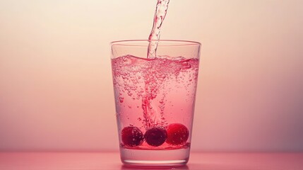 Poster - A vibrant cranberry syrup is poured into clear water, creating an ombre gradient that blends seamlessly in a glass.