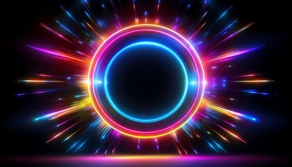 Poster - A vibrant, glowing circular pattern surrounded by colorful rays of light against a dark background, creating a dynamic and energetic visual effect.