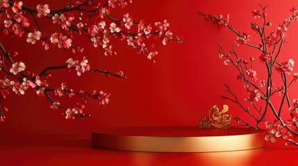 Poster - A vibrant red background with a golden podium and plum blossoms, symbolizing wealth and good fortune in the spirit of Chinese New Year.