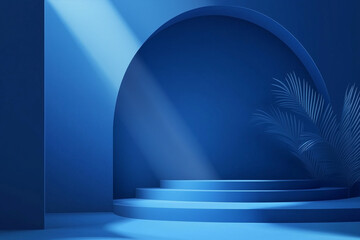 Wall Mural - Modern Abstract Blue Background with Geometric Stages and Palm Silhouette - Ideal for Elegant Presentations and Web Design