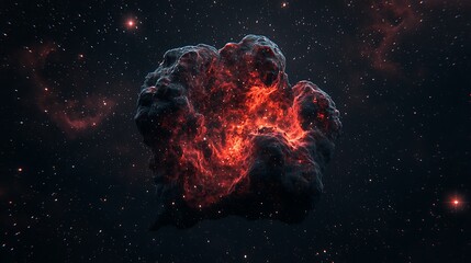 Fiery cosmic rock in nebula, space background, science fiction, artwork