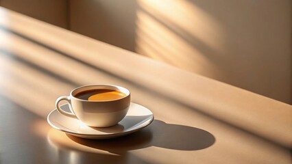 Wall Mural - Morning Sunlight Illuminates a Single Cup of Coffee on a Light Tabletop