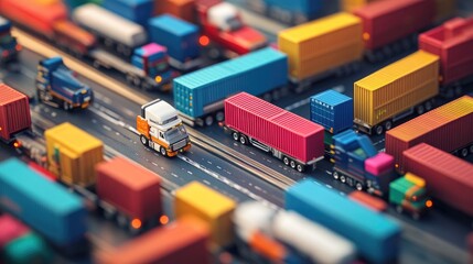 Poster - A vibrant scene of miniature trucks surrounded by colorful shipping containers, representing logistics, transportation, and supply chain management.