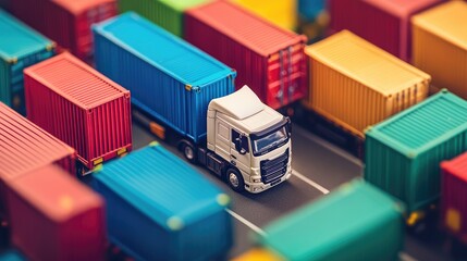 Poster - A vibrant scene of miniature trucks surrounded by colorful shipping containers, representing logistics, transportation, and supply chain management.