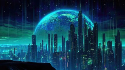 Poster - A vibrant urban skyline at night, hovering above a glowing Earth globe, with vivid blue and green continents illuminating the scene.