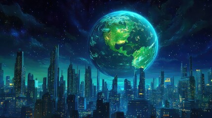 Poster - A vibrant urban skyline at night, hovering above a glowing Earth globe, with vivid blue and green continents illuminating the scene.