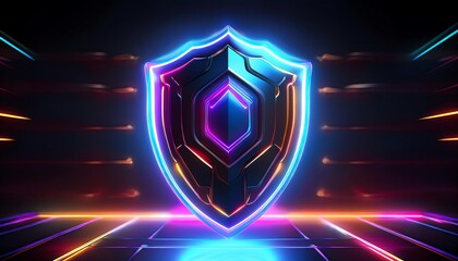 Poster - a vibrant neon shield emblem with glowing edges, set against a dark background, symbolizing protecti