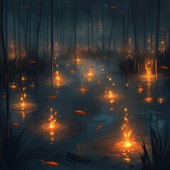Wall Mural - glowing swamp fish mystical forest night fantasy