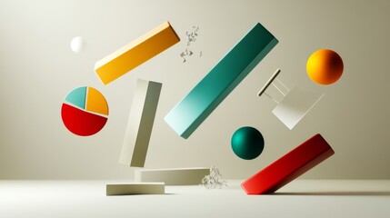 Fototapete - D bars and pie chart graphics in vivid colors, floating in space against a neutral backdrop for a visually impactful design