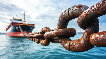 Aufkleber - A weathered ship's chain with rusty shackles, with a cargo vessel in the ocean behind, symbolizing the strength and history of shipping.
