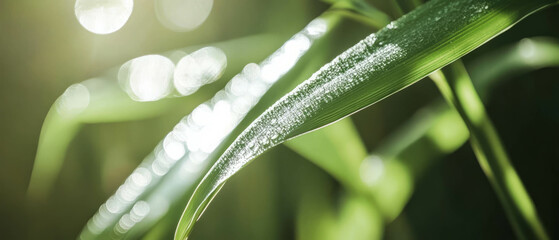Poster - Bamboo leaves glistening under sunlight, showcasing smooth green textures and enchanting elegance