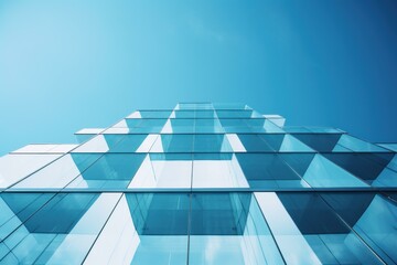 Poster - Glass facade of modern office building reflecting blue sky on a sunny day