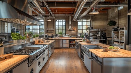 Poster - An expansive industrial kitchen with stainless steel appliances, wooden flooring, and ample counters, creating an inviting cooking environment.
