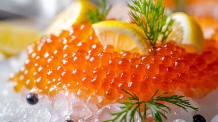Leinwandbilder - An artistic representation of salmon roe served on a bed of ice, garnished with lemon slices and fresh herbs, highlighting the luxurious side of seafood cuisine