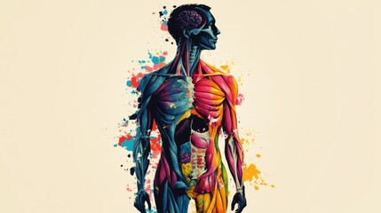 Aufkleber - An artistic representation of the human silhouette filled with colorful illustrations of muscles and bones, highlighting the complexity of human anatomy.