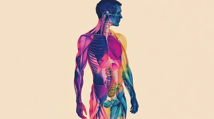 Aufkleber - An artistic representation of the human silhouette filled with colorful illustrations of muscles and bones, highlighting the complexity of human anatomy.