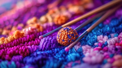 Poster - Close-up of vibrant, colorful yarn balls and knitting needles resting on a colorful crocheted fabric, emphasizing the detailed texture in macro photography style.