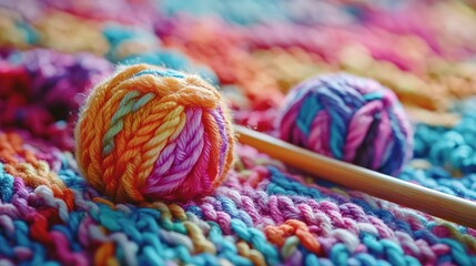 Poster - Close-up of vibrant, colorful yarn balls and knitting needles resting on a colorful crocheted fabric, emphasizing the detailed texture in macro photography style.