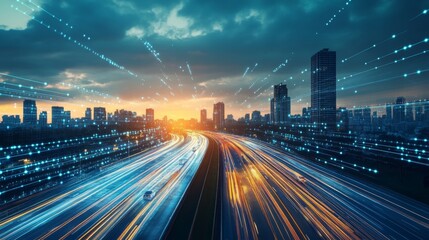 Aufkleber - An artistic shot of a city skyline with a busy freeway in the foreground, illustrating the relationship between urban development and traffic congestion.