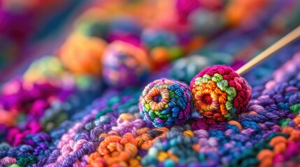 Poster - Close-up of vibrant, colorful yarn balls and knitting needles resting on a colorful crocheted fabric, emphasizing the detailed texture in macro photography style.
