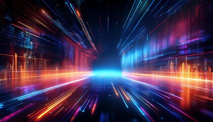 Poster - A vibrant, abstract representation of light and color, suggesting speed and digital connectivity, with streaks of blue, orange, and purple radiating outward.