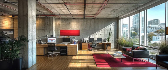 Aufkleber - A concrete and wood office space with an open floor plan, The interior includes industrial lighting fixtures on the ceiling, wooden floor, desks made of white iron and black wood tables with computer.