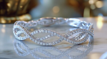 Poster - An elegant diamond-studded bracelet resting on a marble countertop, showcasing the intricate details and the sparkle of each stone