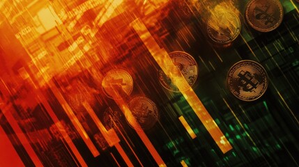 Poster - Double exposure image of coins and US dollars, blended with a financial graph chart showing a downward trend, illustrating the impact of the global economic recession.
