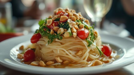 Aufkleber - An elegant presentation of Som Tum green papaya salad with vibrant colors, topped with roasted peanuts and cherry tomatoes, showcasing the freshness of Thai ingredients