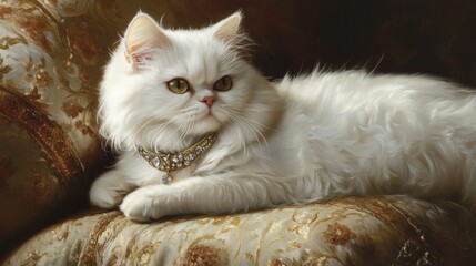 Poster - An elegant white Persian cat wearing a sparkling collar with a small gem, resting on a luxurious cushion, giving a content and relaxed look.