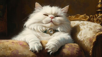 Poster - An elegant white Persian cat wearing a sparkling collar with a small gem, resting on a luxurious cushion, giving a content and relaxed look.
