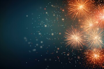 Poster - colorful fireworks exploding on a dark blue night sky with glowing particles, perfect for celebratio