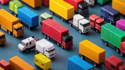 Poster - Miniature trucks surrounded by a variety of colorful shipping containers, symbolizing the global logistics and transportation industry.