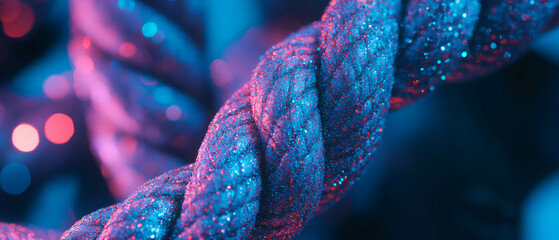 Poster - Braided rope showcasing interwoven strands with a glittering rough texture under colorful light