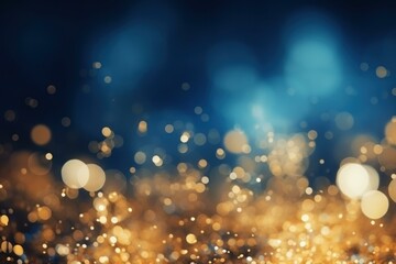 Poster - golden particles floating on a dark blue background creating a magical bokeh effect, ideal for festi