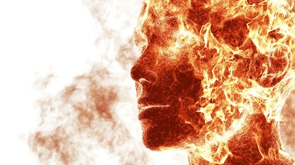 Fiery face profile, intense heat, smoke background, conceptual art, website banner