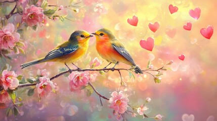 Poster - Two bright birds sit on a floral branch, surrounded by floating hearts and a soft pastel background, evoking a sense of love and peace.