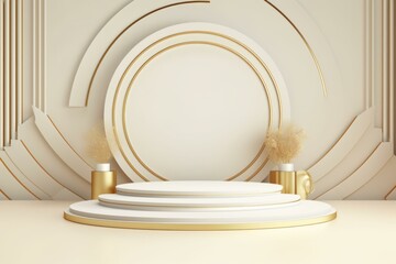 Aufkleber - Round white podium with golden details displaying luxury products on minimal beige background with copy space