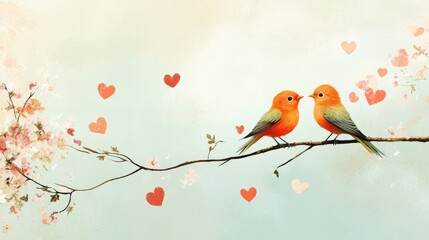 Poster - Two bright birds sit on a floral branch, surrounded by floating hearts and a soft pastel background, evoking a sense of love and peace.