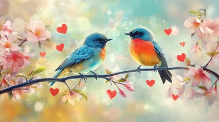 Poster - Two colorful birds rest on a floral branch, hearts floating in the air, creating a dreamy, romantic ambiance in nature.